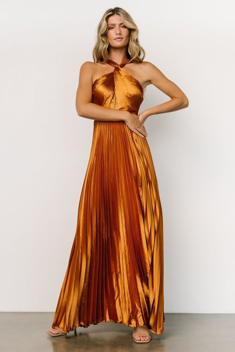 Sandra Pleated Maxi Dress | Copper Black Tie Wedding Guest Dress, Formal Wedding Attire, Copper Dress, Formal Wedding Guest Dress, Black Tie Wedding Guests, Orange Bridesmaid Dresses, Fall Wedding Guest Dress, Baltic Born, Summer Wedding Guests