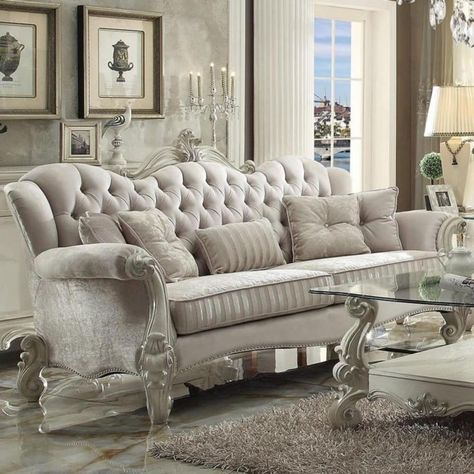 Pouf Design, White Sofas, Acme Furniture, Bone White, Upholstered Sofa, Victorian Style, Luxury Living Room, Room Sofa, Home Studio