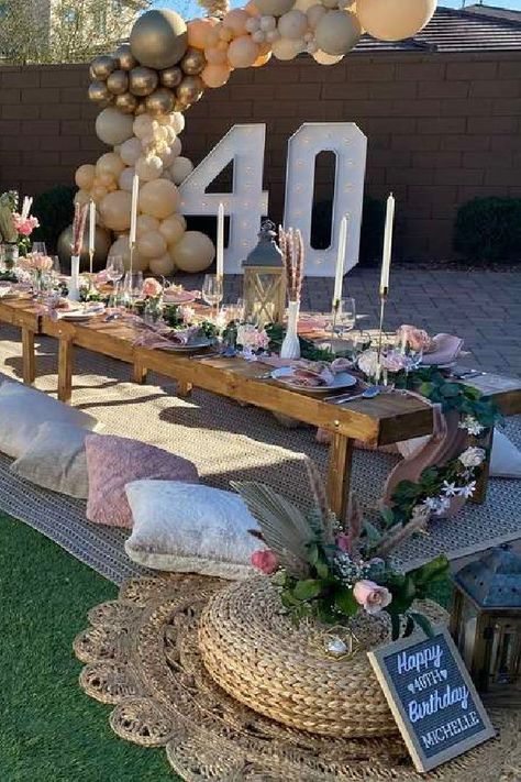 Fabulous Party Ideas Decor, Bohemian 40th Birthday Party, 40th Birthday Ideas For Women Outdoors, 40th Garden Party Ideas, 40th Home Party Ideas, Table Decorations For 40th Birthday, 40th Garden Party, Boho 40th Birthday Party Ideas, Rustic Party Ideas Birthday