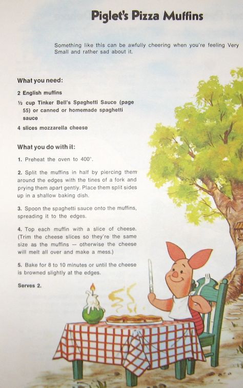 Piglet's Pizza from the 1975 Mickey Mouse Cookbook --made these with the children Winnie The Pooh Recipes, Disney Cookbook Recipes, Childhood Recipes, Disney Cookbook, Disneyland Recipes, Recipes Indian Vegetarian, Cartoon Recipe, Fictional Food, Movie Recipes