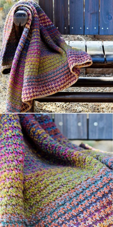 Colorful Fun Crochet Blankets. This amazing, colorful crochet blanket in the pictures below was made by Jessica Reeves Potasz and it will keep you warm during all these chilly and rainy fall and winter evenings. It combines endless tweed colors, soft yarn, and a beautiful stitch pattern, that create a very rustic, houndstooth throw. #freecrochetpattern #blanket #throw Crochet Blending Colors, Crochet Blanket 5 Colors, Variegated Yarn Crochet Blanket Patterns, Colorful Crochet Blankets, Fun Crochet Blanket Patterns Free, Contemporary Crochet Blanket, Variegated Yarn Crochet Patterns Blanket, Crochet Three Color Blanket, Free Crochet Blanket Patterns Using Variegated Yarn