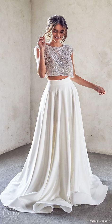 Anna Campbell, Stella York, Modern Chapel, Boho Wedding Dress With Sleeves, Skirt Wedding Dress, Bridal Cap, Two Piece Wedding Dress, 2020 Wedding Dresses, Summer Wedding Outfits