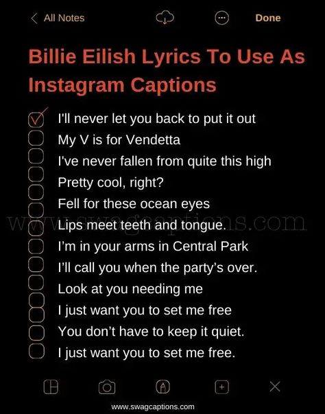 Billie Eilish Instagram Captions, Insta Notes Ideas Song Lyrics, Billie Eilish Lyrics Captions, Billie Quotes Lyrics, Bio Ideas Song Lyrics, Best Billie Eilish Lyrics, Lyrics Bio For Instagram, Lyrics Bio Ideas, Billie Eilish Captions