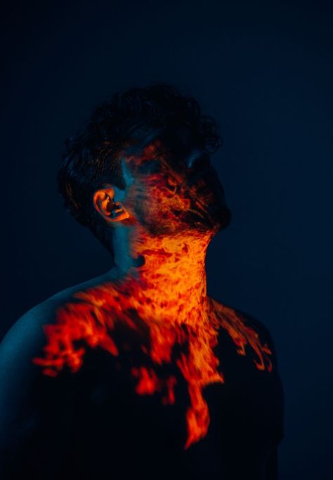Bodypainting, Man In Fire Aesthetic, Elemental Photography, Flames Aesthetic, Flame Photography, Heat Photography, Fire Photoshoot, Male Portrait Poses, Man On Fire