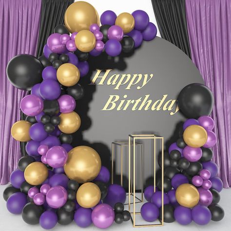 Black Gold And Lavender Party, Gold Black And Purple Party Decorations, Purple Black And Gold Birthday Theme, Purple Black Gold Centerpieces, Purple Gold Black Party, Purple Gold Black Decorations, Lavender And Black Party Decorations, Black Purple Gold Party Decorations, Purple And Black Balloon Arch