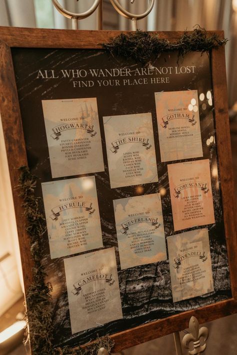 Fantasy Seating Chart, Nerdy Seating Chart Wedding, Lord Of The Rings Seating Chart, Fantasy Wedding Table Decor, The Shire Wedding, Gothic Seating Chart, Harry Potter Wedding Seating Chart, Harry Potter Themed Wedding Decoration, Fantasy Wedding Centerpieces