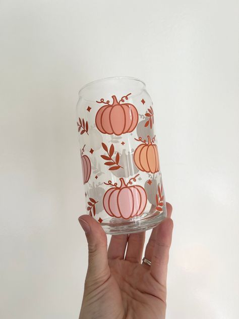 16 oz Boho Fall Pumpkin Glass Cup GLASS CUP ONLY Permanent vinyl is used. **Do not scrub design** .:Cup Care:. Hand Wash Only Not dishwasher safe  Not microwave safe Do Not soak All cups are handmade with lots of love 🤍 Fall Libbey Cups, Fall Custom Cups, Pumpkin Glass Cup, Fall Themed Tumblers, Fall Glass Tumbler, Fall Cup Ideas Vinyl, Fall Vinyl Projects, Fall Vinyl Cups, Fall Cup Designs