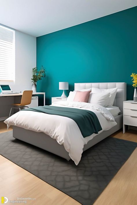 Stunning Wall Colour Combination Ideas You Need To Try! | Engineering Discoveries Bedroom Teal Accent Wall, Teal Wall Bedroom Ideas, Turquoise Accent Wall Bedroom, Elegant Bed Designs, Teal Accent Wall Bedroom, Teal Bedroom Designs, Bedroom Ideas With Lights, Lights Bedroom Ideas, Bedroom Wall Colour Combination