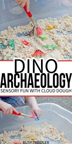 DINOSAUR ARCHAEOLOGY: A fun sensory activity with cloud dough; an easy activity for toddlers and preschoolers; simple sensory play Taste Safe Sensory, Sensory Activity For Toddlers, Dinosaur Lesson, Dinosaur Activities Preschool, Maluchy Montessori, Dinosaur Play, Dinosaurs Preschool, Activity For Toddlers, Cloud Dough