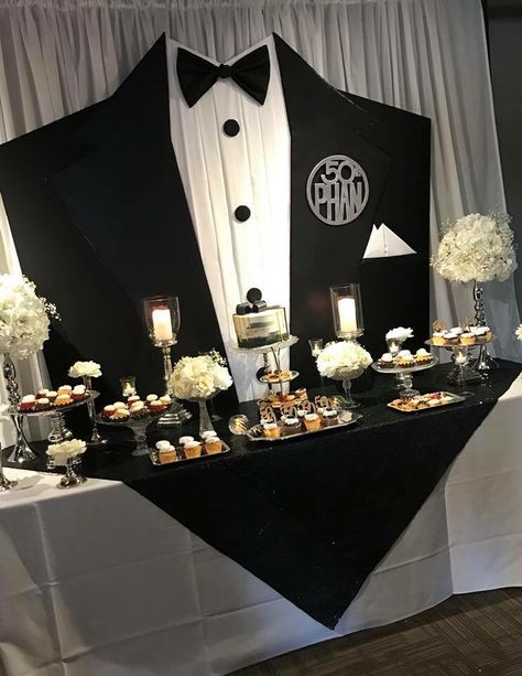 Table Decoration For Men Birthday, Tuxedo Party Theme, Suit And Tie Party Theme, Male 60th Birthday Party Decorations, Tuxedo Birthday Party Ideas, 71st Birthday Party Ideas, Tuxedo Party Ideas, Tuxedo Backdrop Diy, Black Tie 21st Birthday Party