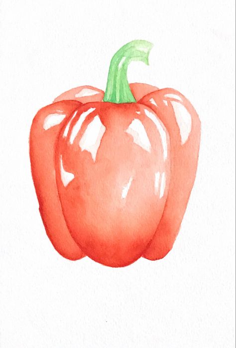 Bell Pepper Watercolor, Vegetable Acrylic Painting, Fruit Pen Drawing, Vegetable Painting Ideas, Watercolor Cookbook, Watercolor Pepper, Fruits And Vegetables Illustration, Watercolor Fruits And Vegetables, Pepper Watercolor