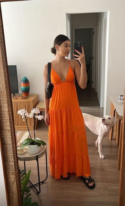 Orange Beach Dress, Prom Dress Orange, Goa Dress, Goa Outfits, Orange Chiffon, Vacay Outfits, Looks Party, Make Your Own Dress, Orange Beach