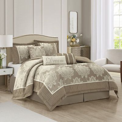 Introduce an air of timeless elegance to your bedroom with our luxurious traditional comforter set. The exquisite comforter and shams proudly exhibit a stunning medallion design, elegantly contrasting against the base color to create a visually striking and dimensional effect. The sophisticated textured pleating on both the comforter and shams showcases a gorgeous damask medallion pattern, adding an extra layer of intricate detail. Crafted from satin textured jacquard fabric, this set boasts a n Traditional Glam Bedroom, Ivory Comforter, Taupe Comforter, Beige Comforter, Jacquard Bedding, Grey Comforter Sets, Grey Comforter, Glam Bedroom, Luxury Bedding Set