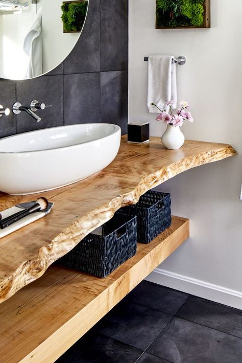 Live Edge Fallen Maple Vanity | Baltimore Fallen Lumber Bathroom Vanity Live Edge, Bathroom Vanity Cabin, Live Edge Floating Bathroom Vanity, Bathroom With Live Edge Vanity, Floating Wooden Bathroom Vanity, Rustic Modern Bathroom Decor, Live Edge Powder Room Vanity, Live Edge Floating Vanity, Bathroom Bowl Sink Ideas Wood Vanity