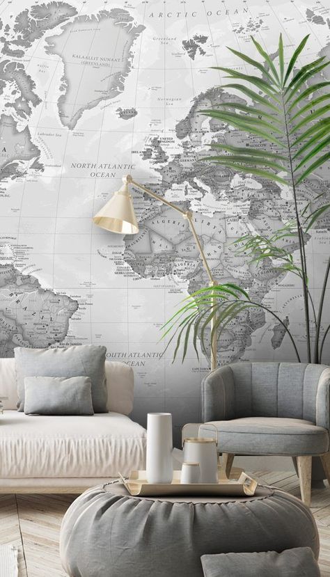 Install this made to measure World Political Grey wallpaper mural in your home or office. Easy to order and easy to install.  Stunning living room in grey tones.  #greylivingroom #greydecor #map #mapwallpaper #wallpaper #travel #homedecor #wallmural #wallsauce Travel Decor Living Room, Office Wallpaper Ideas, Grey Wallpaper Living Room, Wallpaper Travel, Inspiration Wallpaper, Map Wall Mural, Office Wallpaper, Wallpaper Companies, Map Wallpaper