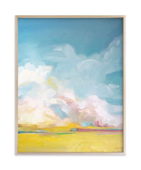 Sweet And Vibrant, This Expressive Scene Is Full Of Life, Motion, And Poetry. "Summer Winds", An Oil Painting, Is So Lovely And Vibrant With It's Lush Rolling Clouds, Saturated Foreground, And Minimalistic Sky. It Is Sure To Brighten Your Space And Uplift Your Soul. First Home, Landscapes, Traditional, Blue, Yellow, Pink Limited Edition Art From Minted By Independent Artist Emily Jeffords Called Summer Winds With Printing On In Golden Yellow GNA. Gold Landscape, Emily Jeffords, Yellow Art Print, Wind Art, Bathroom Art Prints, Art Shelves, Botanical Art Prints, Sky Painting, Custom Art Print