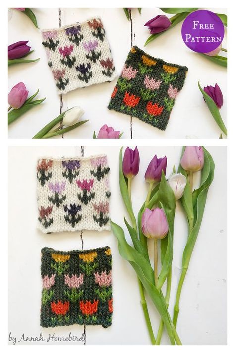 Knitting Charts Flowers, Cherry Blossom Knitting Pattern, Knitting Floral Pattern, Knit Flower Colorwork, Knit Flower Sweater Pattern, Knit Tulip Pattern, Colorwork Scarf Knitting Pattern, Floral Knitting Charts, How To Knit Designs