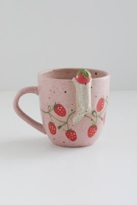 Peek-a-boo cat mug in a cute, kitschy design. Features a ceramic construction with a painted, speckled finish, topped with adorable strawberries and a handle at one side. **Content + Care** \- 100% Stoneware \- Hand wash \- Food safe | Urban Outfitters Peeking Cat Mug - Pink Living Room College, Peeking Cat, Living With Cats, Uo Home, Emotional Support Animal, Animal Mugs, Pink Fits, Cute House, Cat Room