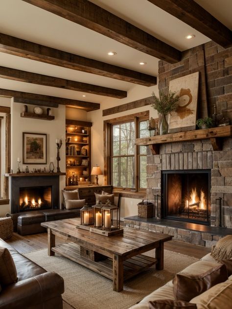 Open Concept Kitchen Living Room Rustic, Farmhouse Living Room With Dark Furniture, Mixed Textiles Living Room, Moody Cottage Core Living Room, Mountain Cabin Decor Living Room, Exterior Rustic Homes, Yellowstone House Interior, Montana Cabin Interiors, Knives Out House Interior
