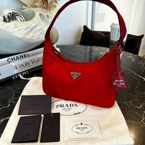 Prada Nylon Re-Edition 2000 mini-bag - Red Prada Re Edition 2000 Bag, Red Prada Bag, Prada Bag Nylon, Prada Nylon Re Edition, Prada Re Edition 2000, Prada Nylon Bag, Prada Nylon, Red Gowns, Red Bags