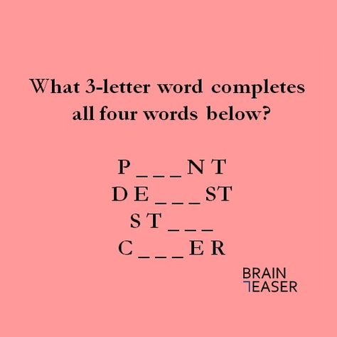 The same 3-letter word is used to complete all four words. Follow 👉 @braineaser for more fun puzzles!  #braineaser #riddle #riddles #riddler #riddlemethis #puzzle #puzzles #brainteaser #brainteasers #braingames #words #wordplay Humour, English Riddles With Answers, English Puzzles, Word Brain Teasers, Grammar Memes, Whiteboard Quotes, Tongue Twisters For Kids, Funny Brain Teasers, Brain Teasers For Teens
