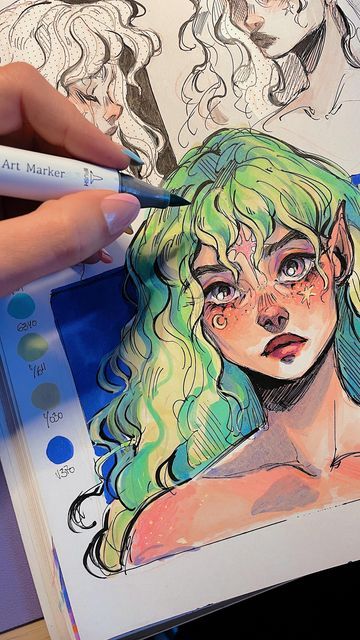 How To Draw Water With Alcohol Markers, Copic Drawings Ideas, Alcohol Marker Character Art, Portrait Painting Inspiration, Coloring Hair Drawing, Marker Character Art, Gret Lusky Sketchbook, Drawings With Color Markers, Pastel Ideas Art Easy