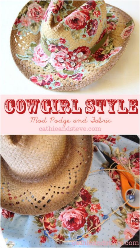 Repurposed Summer Cowboy Hat Paint Cowboy Hat, Decorating A Cowboy Hat, How To Paint A Straw Hat, Decorate A Cowboy Hat, Straw Hat Band Ideas, Diy Hats For Women How To Make, Diy Western Accessories, Diy Feather Hat Band, How To Decorate Cowboy Hats