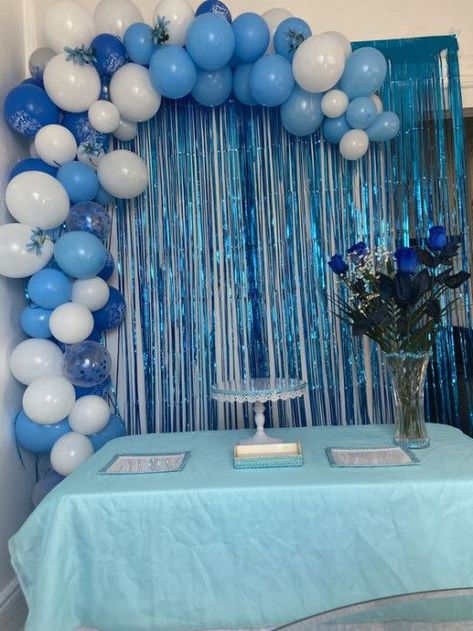 Blue Decorations Party Birthday Ideas, Blue Theme Birthday Party Decorations, Diy Baby Shower Backdrop, Blue Themed Party, Blue Birthday Decorations, Blue Birthday Themes, Shower Backdrop Ideas, Baby Shower Backdrop Ideas, Baby Boy Birthday Decoration