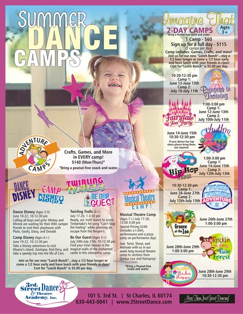 St Charles Summer Dance Camps Dance Recital Themes, Dance Camp Themes, Dance Camp Ideas, Camp Brochure, Dancing Studio, Ballroom Dance Quotes, Pole Dancing Quotes, Street Dancing, Teaching Dance