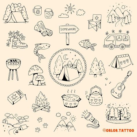 calling all happy campers 🏕️ and anyone that likes trees, mountains, or cute mushroom tattoos 🙃 camping flash now available woooo. I absolutely love going away in our campervan so I just had to do a camping themed flash now we are able to start going again 😅 all available for handpoke. as always I do deals when you book multiple designs in a session! use the link on my page for my booking form or just message me to enquire! can’t wait to tattoo these 🏔️ 🌲 ⛺️🍄🐟🪵🐾🌞🌳 @harmlesstattoo Braintre... Cute Camping Tattoos, Camping Flash Tattoo, Tattoo Ideas Camping, Happy Camper Tattoo, Camping Inspired Tattoo, Summer Camp Tattoo Ideas, Tent Tattoo Simple, Mountain Themed Tattoos, Camping Tattoo Ideas Simple