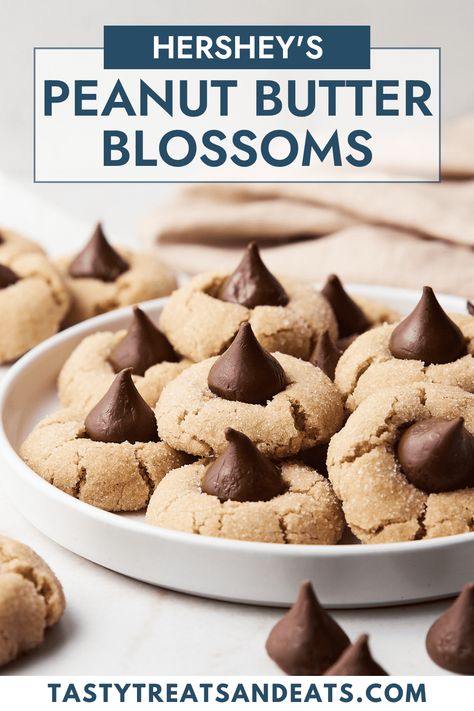 Easy Peanut Butter Blossom Cookies are the best dessert! Hershey Peanut Butter Blossoms are soft, chewy, delicious and so simple to make! The best recipe for Peanut Butter Blossoms! Blossom Cookies Recipe, Peanut Butter Blossoms Recipe, Peanut Butter Blossom, Skippy Peanut Butter, Desserts With Few Ingredients, Kid Friendly Dessert, Cut Out Cookie Recipe, Peanut Butter Blossom Cookies, Nutella Desserts