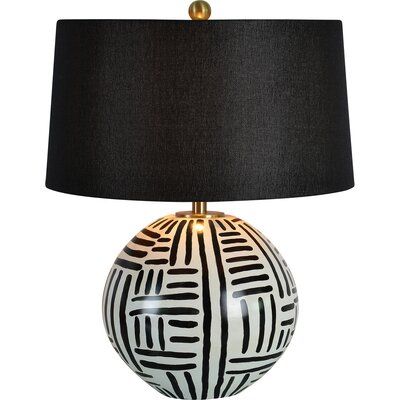 Bloomsbury Market A tribal-inspired black and cream ceramic base gives this table lamp a well-traveled appeal. The antique brass-plated iron structure elevates the black linen shade. The three-way switch allows you to control the ambiance in the room. Black, Cream, Black And Cream, Everly Quinn, Black Linen, Antique Brass, Table Lamp, Brass, Lighting