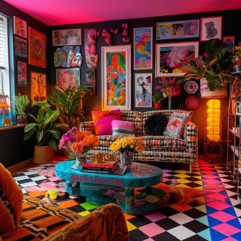 Maximalist Lounge Room, Neat Maximalist, Future Retro Design, Opulent Interior Design, Maximalist Scandinavian Interior, Colorful Maximalist Home Decor, Electric House Aesthetic, Maximalist Sitting Room, Kitschy Decor Living Room