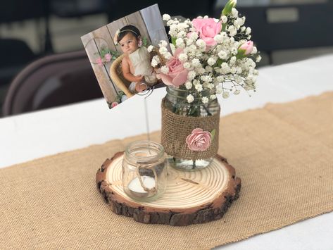 Table Decorations For First Birthday, Bautizo Ideas Centerpieces, Christening Table Centerpieces, One Year Old Centerpieces, Bautismo Centerpieces, First Bday Centerpieces, Floral Birthday Centerpieces, Rustic Floral Birthday Party Decorations, Diy Boho Centerpieces Birthday