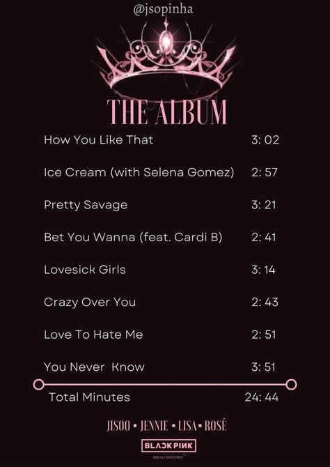Black Pink Songs List, All Blackpink Songs List, Blackpink Album, Blackpink Song, Pink Instagram, Song List, Black Pink Instagram, Black Pink Songs, Jennie Lisa