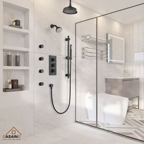 1. This shower system, including a 8-in rainfall shower head, 4-in wall-mount shower, 4 swivel body jets and a hand shower, allowing you to enjoy a variety of shower options. Off Center Shower Head, Multihead Shower Master Bath, Shower Systems With Jets, Shower Hardware Ideas, Double Head Shower Ideas, Shower Bench Ideas Built Ins, Narrow Master Bath Layout, Dual Shower Heads Master Baths Walk In, Master Bath Faucets