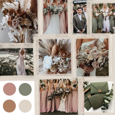 Rustic Wedding Colours Scheme, Mood Boards Wedding Colour Palettes, Dusky Pink Colour Scheme, Boho Wedding Colour Scheme, Rustic Colour Palette Wedding, Boho Wedding Pallete Color, Country Wedding Color Palette, Mocha Wedding Dress Color Schemes, Rustic Wedding Theme Colors Colour Palettes