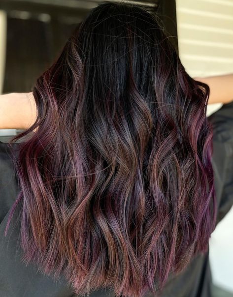 Dark Hair Color Highlight Ideas, Plum Color Highlights, Dark Hair Plum Highlights, Purple Hair Subtle, 2023 Fall Hair Trends Dark, Pop Of Color Brunette Hair, Balayage, Dark Brown With Plum Balayage, Chocolate Brown Hair With Purple Streaks