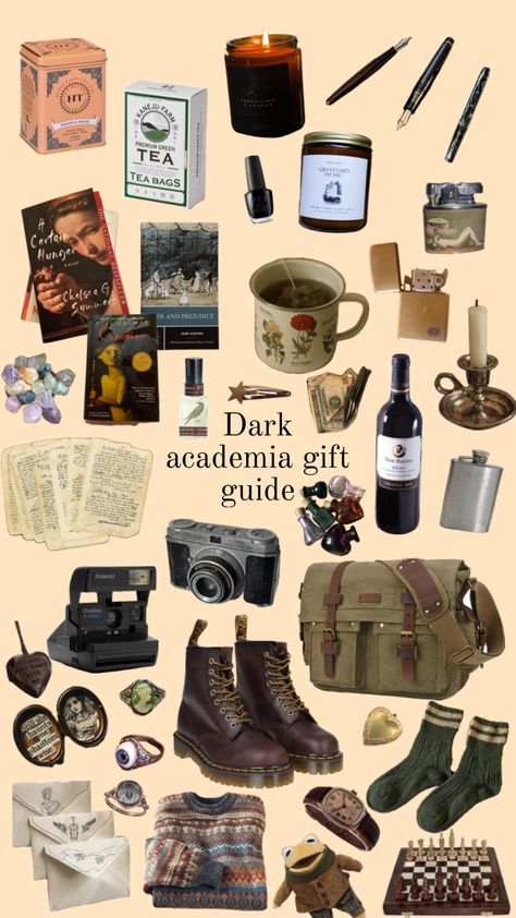 Dark academia gift guide #darkacadademia #giftideas Chaotic Academia Aesthetic Outfit, Dark Academia Style Guide, Dark And Light Academia Aesthetic, Academia Aesthetic Outfits, Chaotic Academia Aesthetic, Fairy Academia, Dark Academia Aesthetic Outfit, Dark Academia Guide, Dark Acedemia