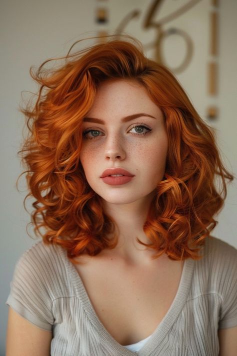 A woman with vibrant red, curly hair and freckles looking at the camera with a soft expression against a neutral background. Side Bangs Wavy Hair Natural Curls, Curly Layered Lob, Shoulder Length Layered Curly Hair, Curly Hair Cuts For Oval Face Shape, Shoulder Length Wavy Hair Styles, Ginger Shoulder Length Hair, Shoulder Curly Haircuts, Shoulder Length Curly Hair With Layers Curls Medium Hairstyles, Shoulder Length Haircuts Wavy