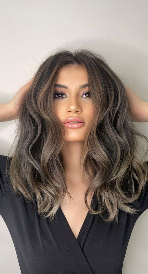 Muted Cool Brown Hair, Ash Brown Hair Bayalage, Cool Tone Mushroom Brown Hair, Coffee Ash Brown Hair, Mushroom Hair Highlights, Balayage, Chocolate Brown Hair With Mushroom Brown Highlights, Mushroom Brown Hair Color Balayage Ombre, Fall Hair Colors Mushroom Brown