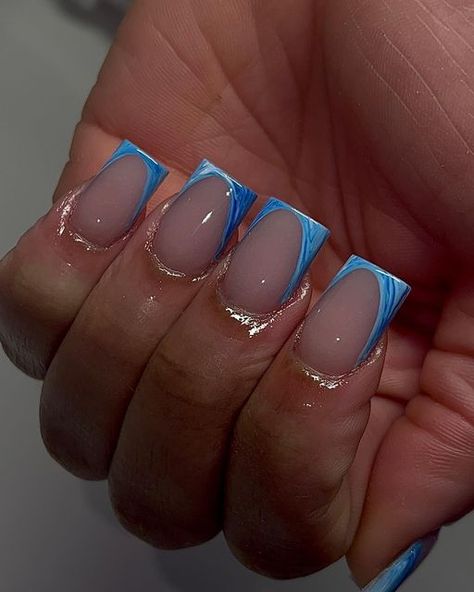 Blue Short Acrylic Nails Square, Short Blue Acrylic Nails Square, Short Square Nails Blue, 23 Nails, Gel Nails Shape, Marble Acrylic Nails, Bad Nails, Blue Gel Nails, Nyc Nails