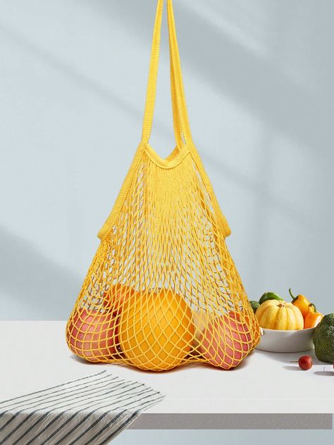 Yellow Vacation Collar  Polyester Plain Shoulder Tote Bag Embellished   Women Bags Fruit Tote Bag, Bra Bags, Vegetable And Fruit, Grocery Shopping Bags, Fishing Net, Net Bag, Bags Aesthetic, Reusable Grocery Bags, Mesh Bag