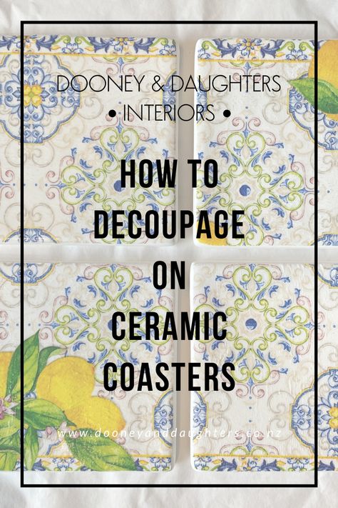 How To Decoupage Ceramic Coasters | Dooney & Daughters Mod Podge Tile Coasters, Painting Ceramic Tiles Crafts, Decoupage Coasters Diy, Decoupage Gift Ideas, Decoupage Plates Napkins, Decapodge Ideas Diy, Tile Crafts Ideas Ceramic, Decopage Ideas Decoupage, Decoupage Tiles