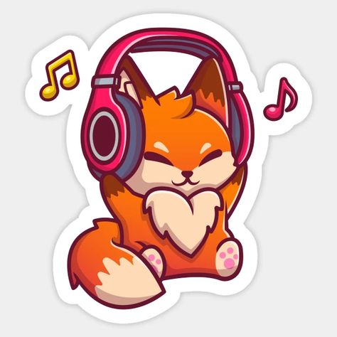 Cute Fox Listening Music With Headphone - Fox - Sticker | TeePublic AU Fox Stickers, Cute Fox Drawing, Fox Sketch, Funny Fox, Cute Headphones, Fox Drawing, Listening Music, Music Drawings, Music Stickers