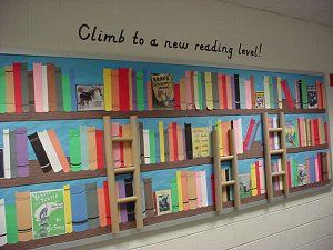 Bookshelf bulletin board Librarian Ideas, Book Bulletin Board, School Library Bulletin Boards, Reading Display, School Library Displays, Library Bulletin Board, Reading Bulletin Boards, Library Book Displays, Accelerated Reader