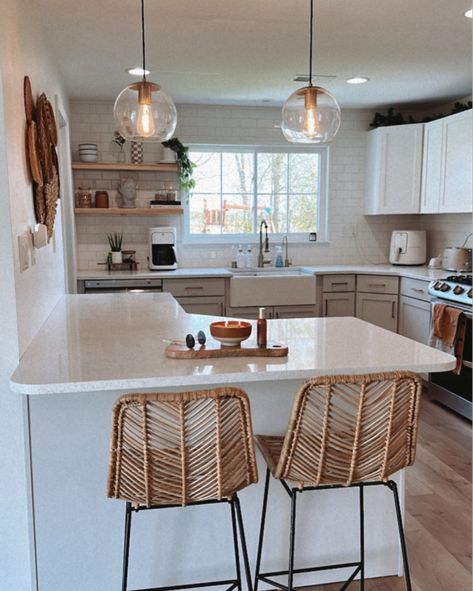 Modern Boho Kitchen Rugs, Apartment Boho Kitchen, Rattan And Gold Decor, Boho Inspired Kitchen, Accent Bar Stools, Boho Trash Can Kitchen, Boho Kitchen Appliances, Wicker Kitchen Lighting, Rattan Decor Ideas