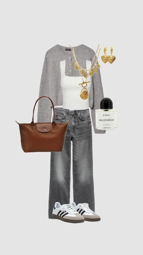 Autumn Outfits, Grey, Grey Jeans, Fall Outfits, A Woman, Ootd, Purse, White