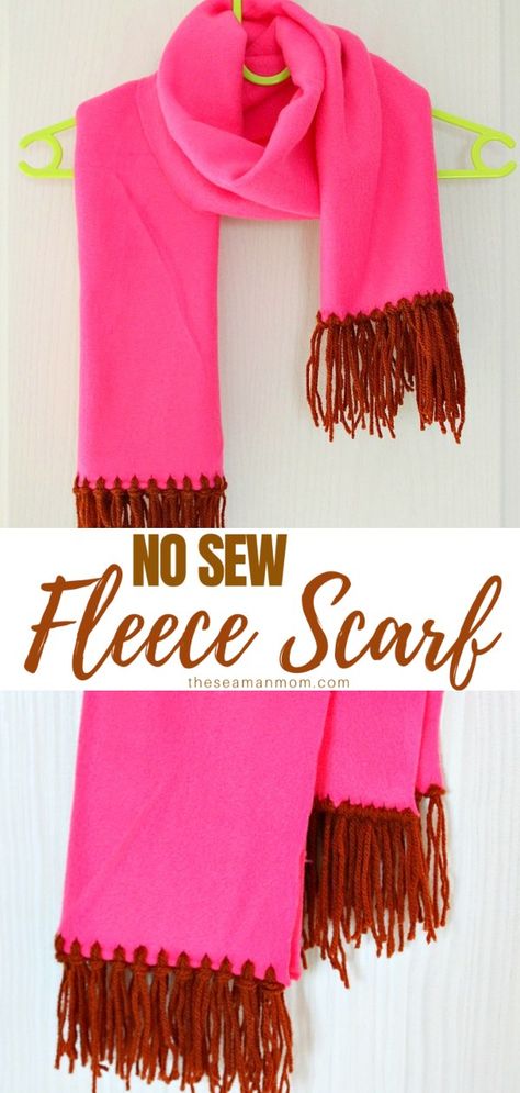 No Sew Scarf, Diy Blanket Scarf, Diy Fashion No Sew, Fleece Projects, Trendy Fringe, Diy Fashion Trends, Scarf Ideas, Handmade Gift Idea, Easy Handmade Gifts