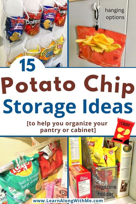 Get your pantry organized with one of these potato chip storage ideas.  15 ways to store chip bags to help tidy up your pantry or kitchen cabinet.

There are some ways to store chips on a pantry shelf, inside a cabinet and some hanging options to utilize vertical space.

#potatochipstorageideas  #pantryorganization  #pantryorganizationideas  #pantrystorage  #pantrystorageideas  #potatochipstorage Pantry Organization Chip Bags, How To Store Chips Bags In Pantry, Chip Pantry Storage, Storing Chip Bags In Pantry, Pantry Chip Organization, Small Chip Bag Storage, Hanging Chips In Pantry, Store Chips Pantry, Bread And Chip Storage Ideas